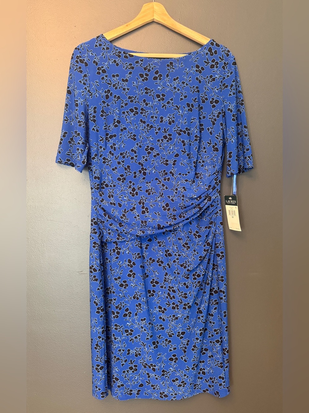 Lauren Ralph Lauren Blue and Black Floral Ruched Midi Dress NWT